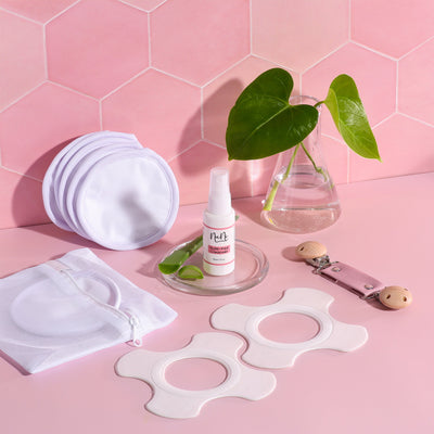 NuNi Stilleinlagen, Stillpads, Reinigungsspray und Stillclip in rosa